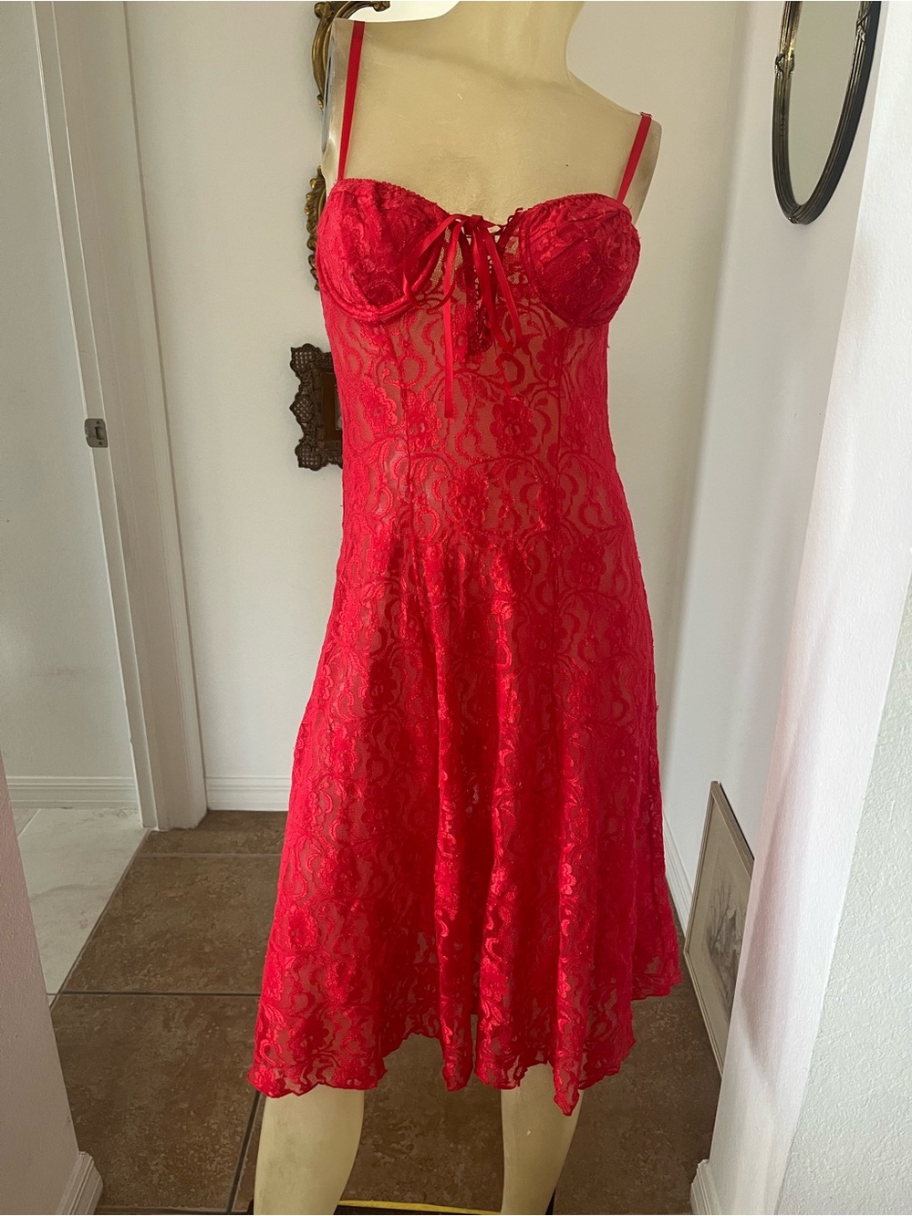 Vintage Cinema Etoile Red Lace Slip Dress Nightgown